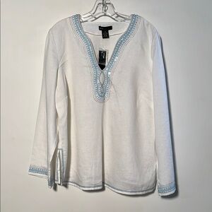 GRACE ELEMENTS NWT 100% Linen Embroidery Bead Sequin Split V Resort Beach Top 1X